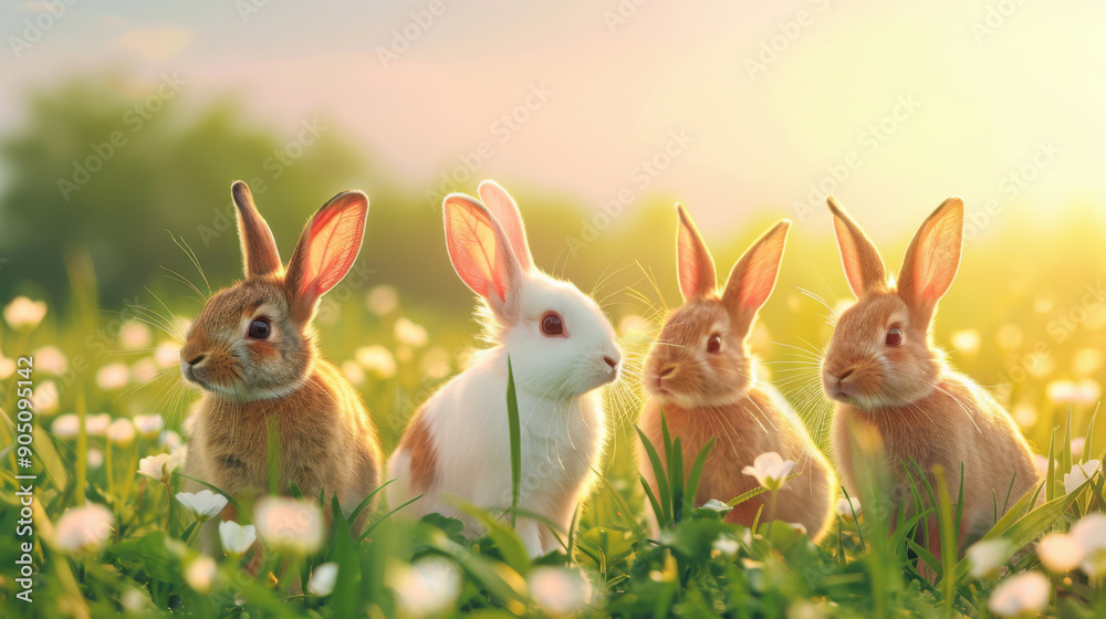 Four cute rabbits sit together in a sunny meadow filled with flowers, showcasing a serene and joyful nature scene. Four cute rabbits sit together in a sunny meadow filled with flowers, showcasing a serene and joyful nature scene.