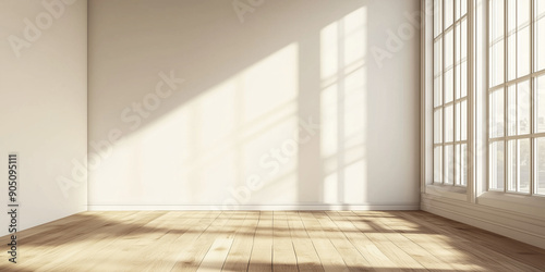 Empty room with a large window on the side. Mockup of a white wall with a wooden floor. Realistic illustration 
