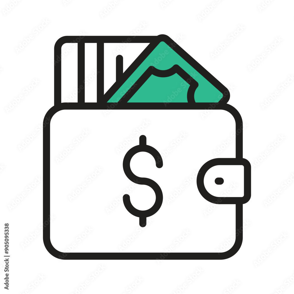 Money and a bank card holder shows a flat icon of wallet Money and a bank card holder shows a flat icon of wallet