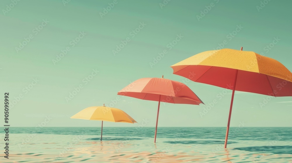 Three colorful beach umbrellas on a sandy beach with turquoise water and a blue sky in the background. Three colorful beach umbrellas on a sandy beach with turquoise water and a blue sky in the background.