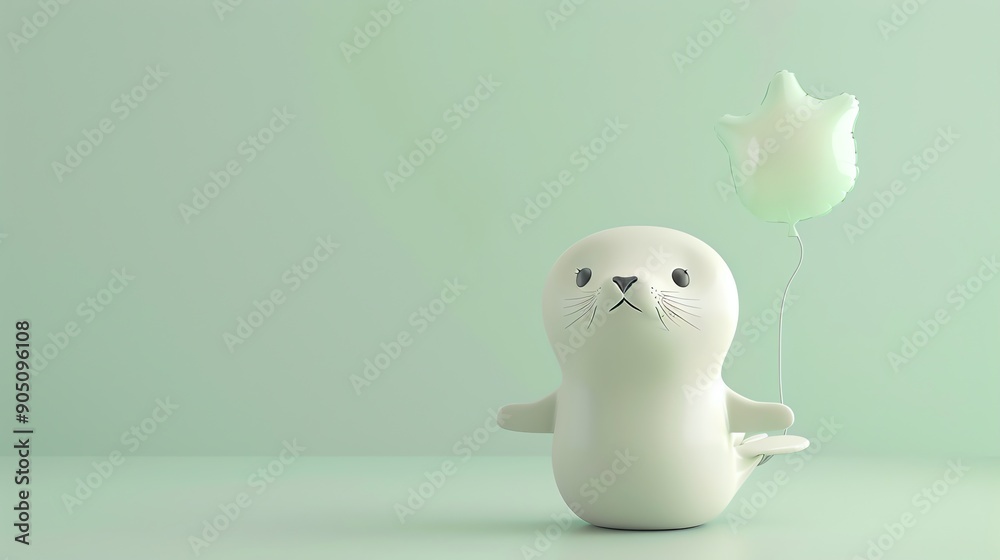 A cute cartoon seal pup with a green balloon on a green background. A cute cartoon seal pup with a green balloon on a green background.