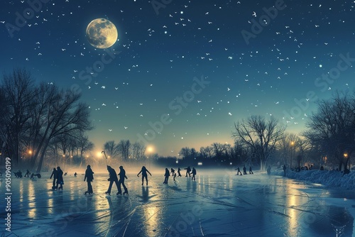 A group of individuals are seen ice skating on a frozen pond at night under the moonlight, Ice skaters gliding on a frozen pond under the moonlit sky photo