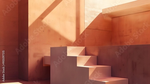 Geometric Staircase Interior  Pink and Orange Hues in Minimalist Editorial Light
