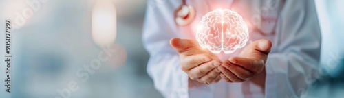 A doctor holds a glowing brain illustration representing medical innovation and mental health awareness in a clinical setting.