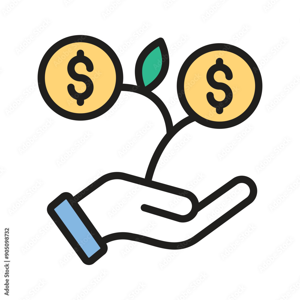 A hand gesture holding a money plant represents a grow money icon A hand gesture holding a money plant represents a grow money icon