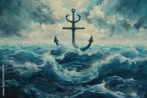 A painting featuring an anchor in the ocean, symbolizing strength and stability, Iconic symbol of the sea with a peaceful demeanor photo