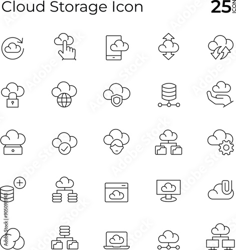 Cloud Storage Icon Set - Stock Illustration" typically includes a collection of icons designed to represent cloud storage concepts.