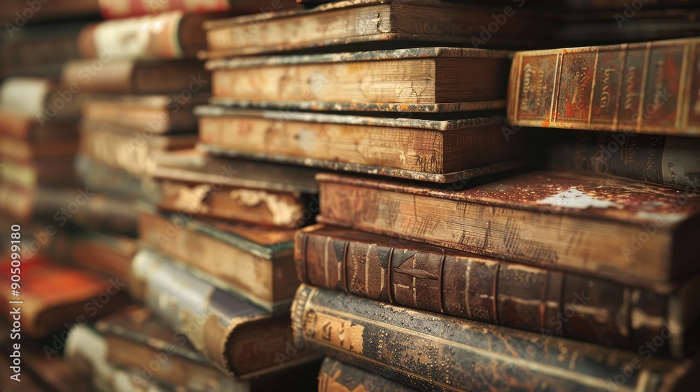 A close-up of a stack of antique books with worn leather covers. A close-up of a stack of antique books with worn leather covers.