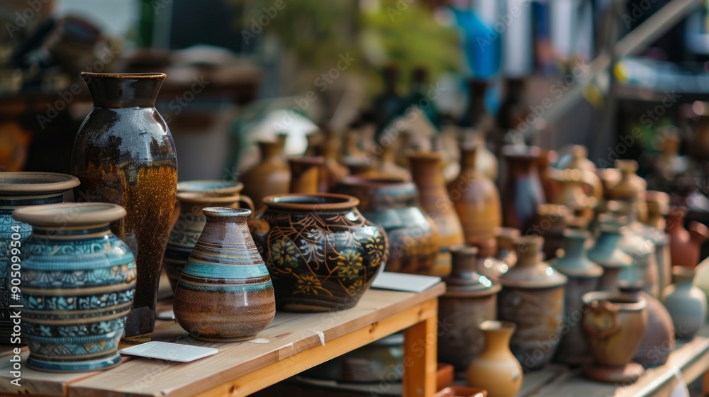 Fototapeta premium Handcrafted pottery on display at outdoor market