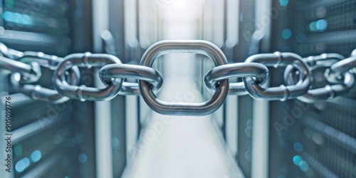 secure data center network metal chain link locking server racks for cyber security and data protection concept.