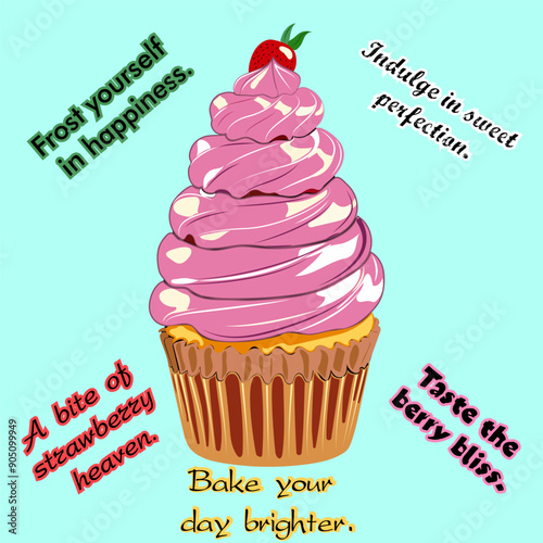 A cupcake, generously covered in pink and white icing, featuring fresh strawberries and phrases encouraging purchase.