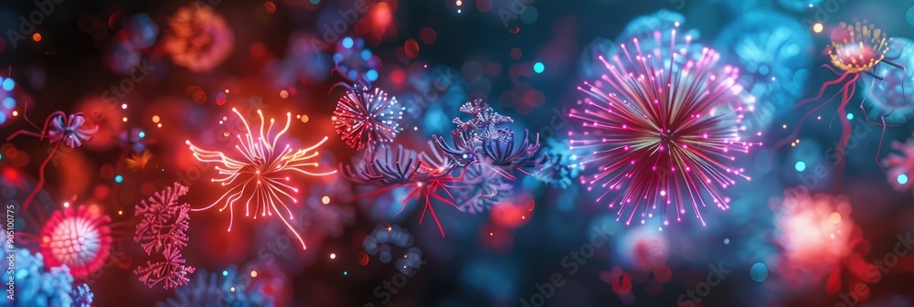 Festive day with red and blue fireworks Festive day with red and blue fireworks