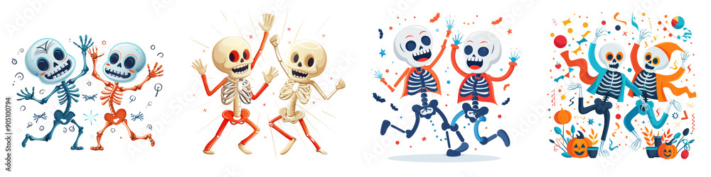 Four skeletons are dancing and playing in a Halloween party Four skeletons are dancing and playing in a Halloween party