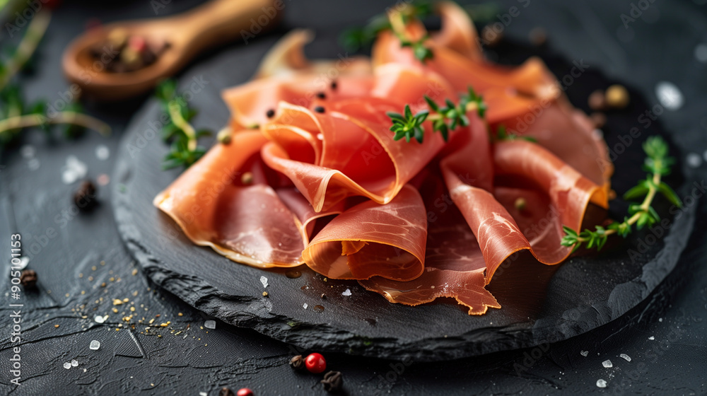 Sliced prosciutto with thyme and pepper on a dark slate plate, in a closeup view. A high quality photo of delicious ham as an appetizer for a food magazine or menu design. The high Sliced prosciutto with thyme and pepper on a dark slate plate, in a closeup view. A high quality photo of delicious ham as an appetizer for a food magazine or menu design. The high