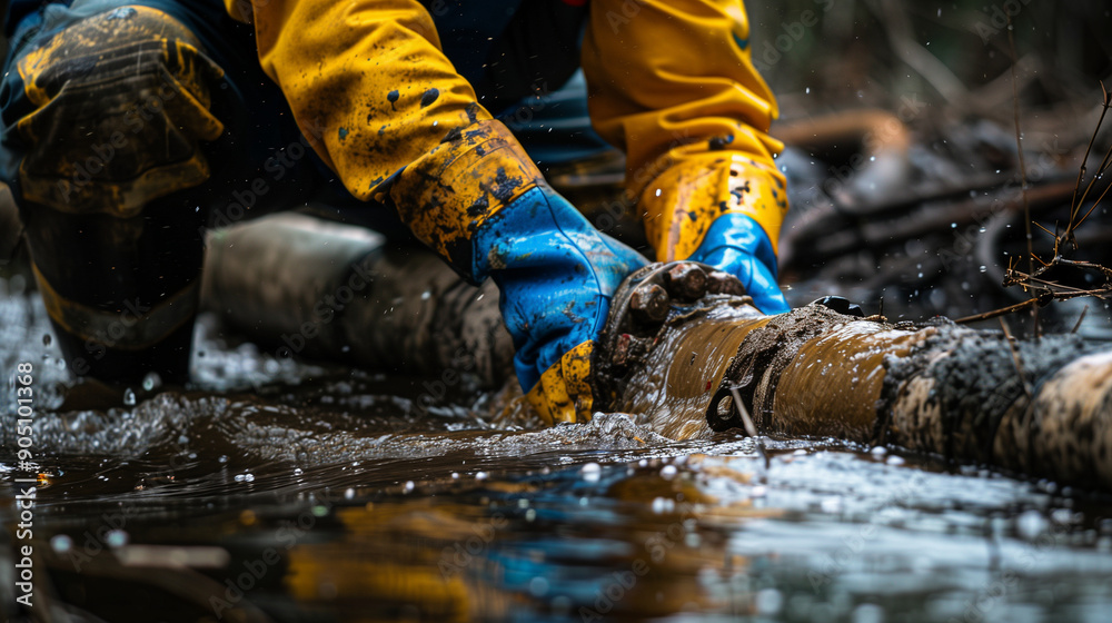 A worker in blue and yellow gloves is pulling out an oil pipe from the ground, water flows around it. A worker in blue and yellow gloves is pulling out an oil pipe from the ground, water flows around it.