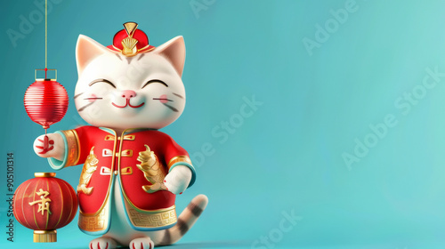 A cartoon cat dressed in traditional Chinese clothing holds two red lanterns with a happy expression © Dmitriy