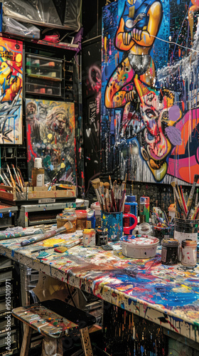 A cluttered artist's workspace filled with paint splatters and brushes showcases a burst of creativity