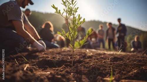 Sustainable education concept with students participating in a tree-planting activity,