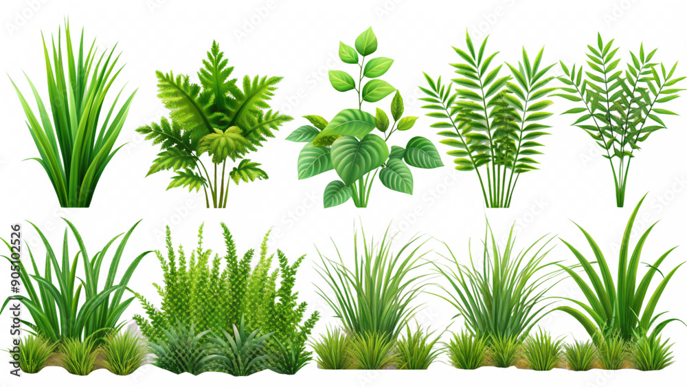 Set collection of green tree and bush painting illustration Set collection of green tree and bush painting illustration