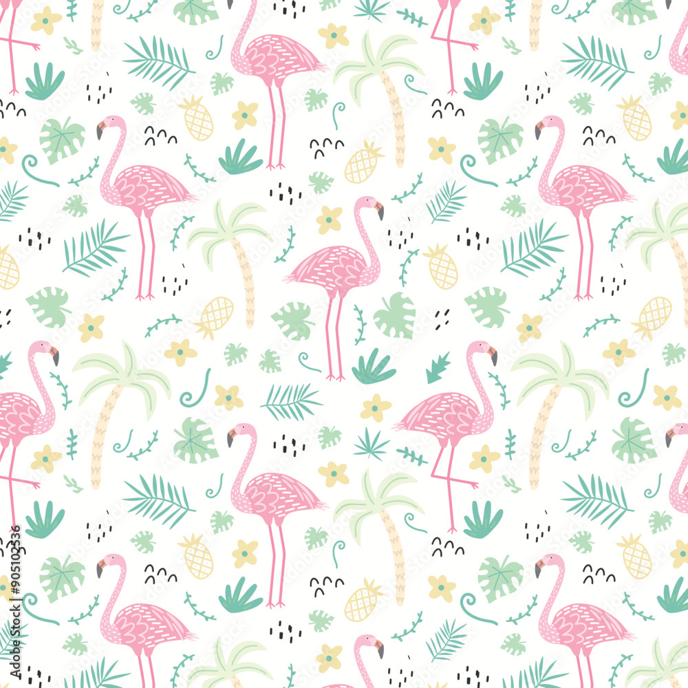 Summer seamless pattern of flamingo and tropical leaves vector illustration Summer seamless pattern of flamingo and tropical leaves vector illustration