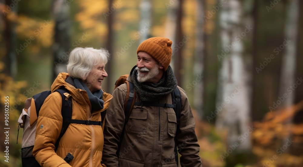 An elderly couple walking in the forest with happy faces. AI generator An elderly couple walking in the forest with happy faces. AI generator
