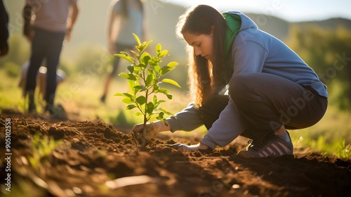 Sustainable education concept with students participating in a tree-planting activity,
