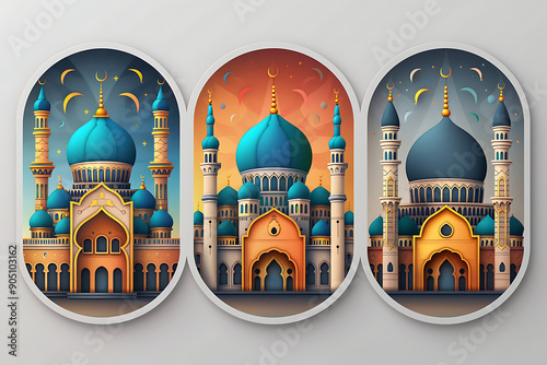 Isolated papercut art for muslim holidays. Vector poster design with eid mubarak text meaning Blessed Festive and crescent, mosque ornament. 