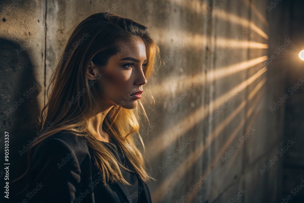 A beautiful minimalistic portrait of a stylish woman against a concrete wall with contrasting lighting. Banner, advertisement. A beautiful minimalistic portrait of a stylish woman against a concrete wall with contrasting lighting. Banner, advertisement.