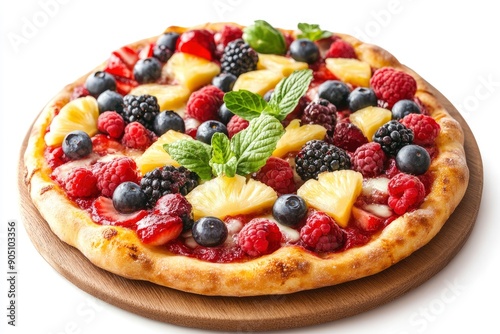 sweet pizza with berries and pineapples, isolated on white background, full depth of field, ai