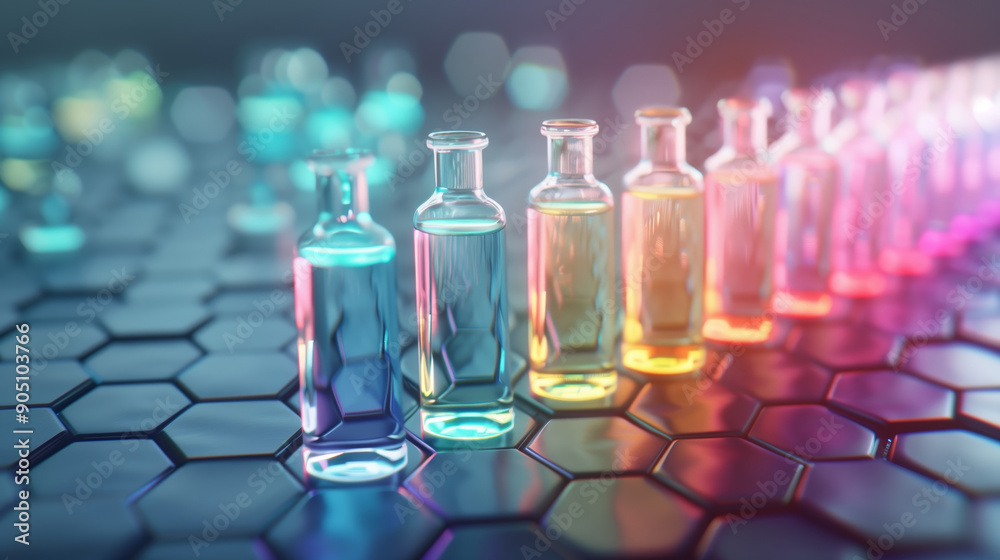 Colorful glass vials lined up on a futuristic surface, showcasing vibrant liquids and a stunning bokeh effect. Colorful glass vials lined up on a futuristic surface, showcasing vibrant liquids and a stunning bokeh effect.