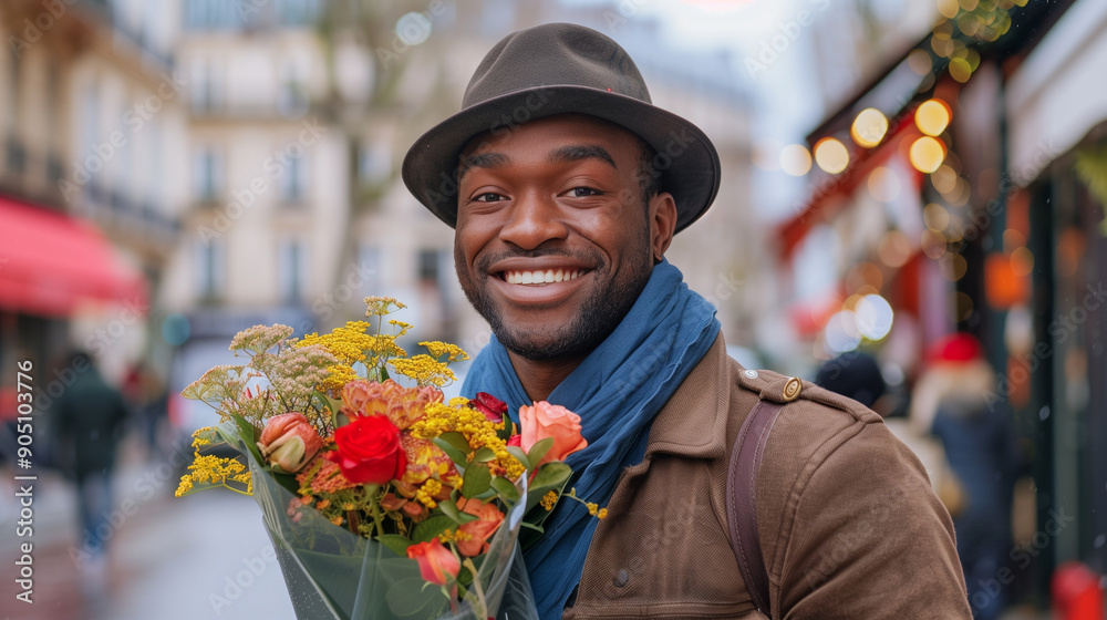 Photo of a man holding flowers in the street, smiling and looking at the camera on Valentine's Day with copy space for text. The man is wearing a hat, blue scarf, and brown jacket Photo of a man holding flowers in the street, smiling and looking at the camera on Valentine's Day with copy space for text. The man is wearing a hat, blue scarf, and brown jacket