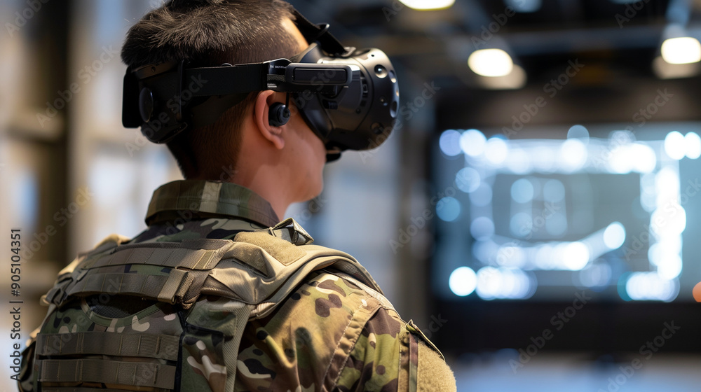 A photo of an American soldier wearing virtual reality glasses, standing in a training room with his back to the camera in a profile view as a half body shot, wearing a military un A photo of an American soldier wearing virtual reality glasses, standing in a training room with his back to the camera in a profile view as a half body shot, wearing a military un