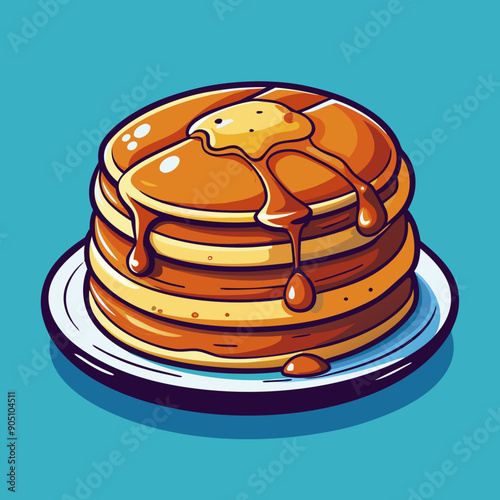 The puffed pancakes on the plate are watered down with syrup, with a slice of butter on top. Cartoon vector illustration