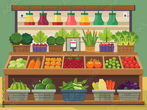 Store the market with organic fruits and vegetables spread out on display. Cabbage, carrots, watermelon, oranges are in wooden crates. Vector cartoon illustration