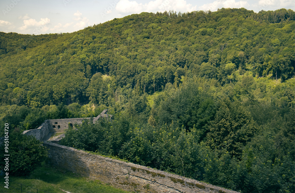 Naklejka premium photos of hills with forests and parts of the tribal castle building. Part of the castle and a view of the surrounding countryside. Forest, trees, hills, nature, blue sky with clouds.