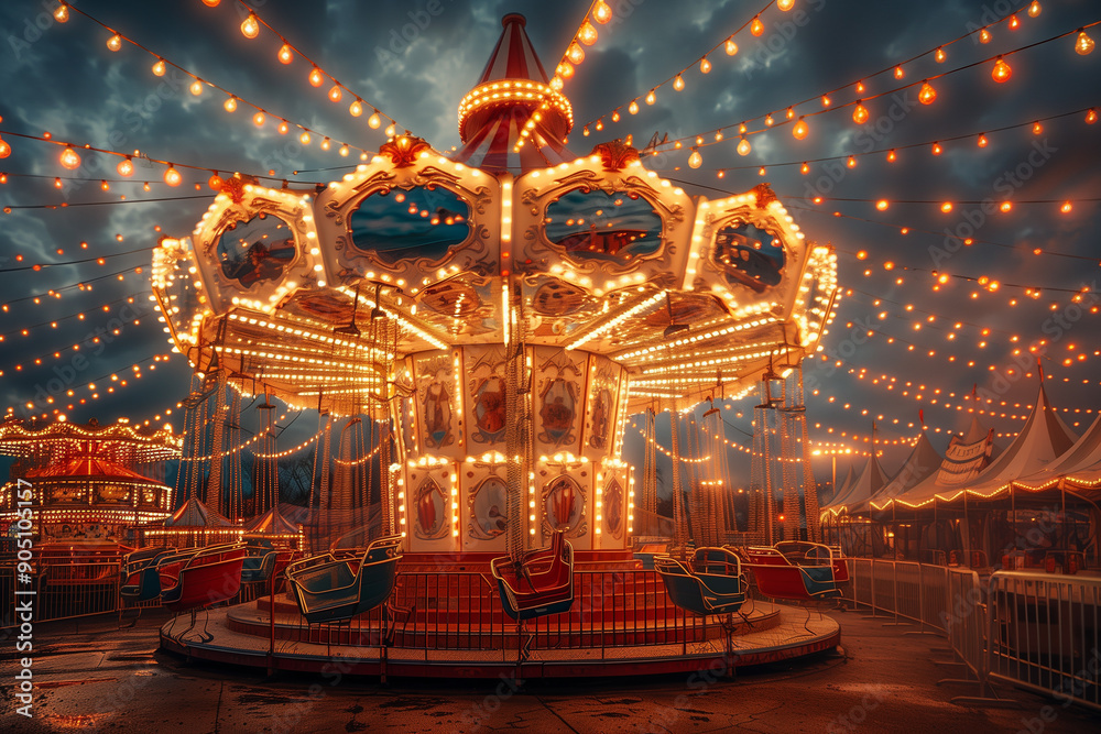 Lit-up carnival rides at a fall fair Lit-up carnival rides at a fall fair