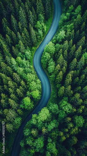 Aerial view asphalt road on the green forest, Curve asphalt road on mountain green forest, Countryside road passing green forest and mountain.