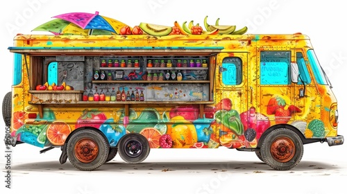 Colorful food truck with vibrant fruit illustrations and a canopy, showcasing delicious drinks and snacks, ideal for summer events and festivals.