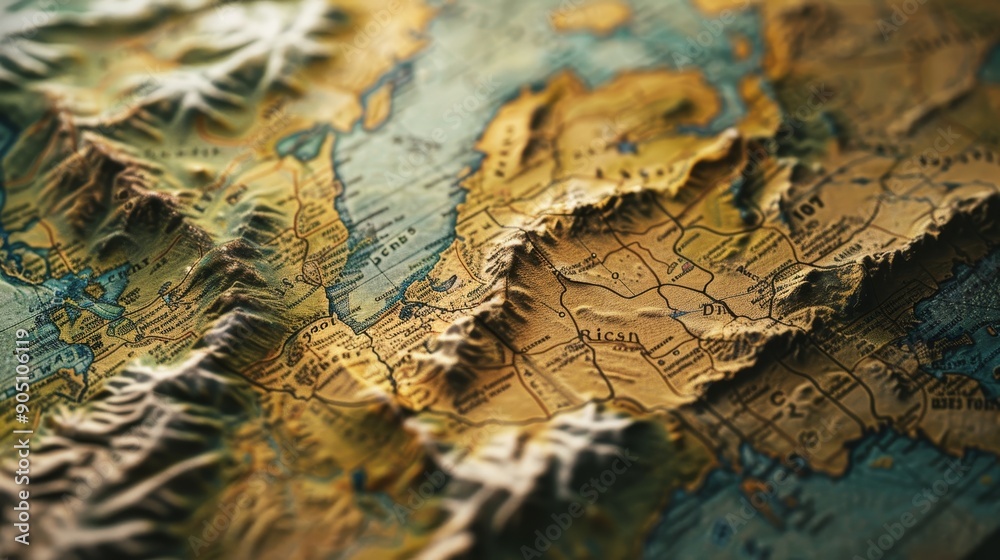Close-up of a detailed, textured map depicting a mountainous region. Close-up of a detailed, textured map depicting a mountainous region.