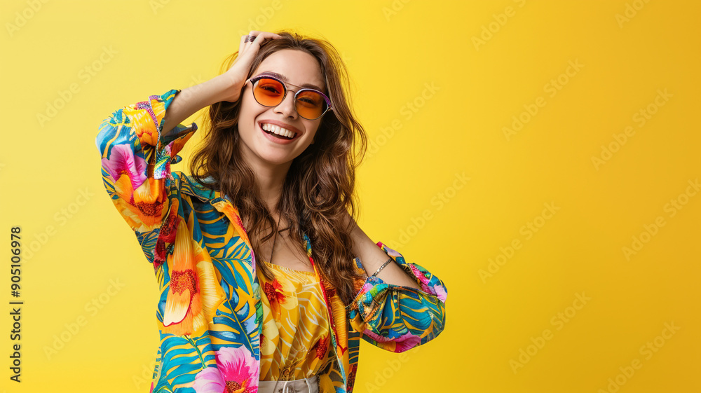 Happy optimistic woman in colorful clothes isolated on yellow background Happy optimistic woman in colorful clothes isolated on yellow background