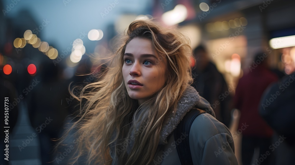 The subtle nuances of human emotion in a crowded urban setting at dusk.