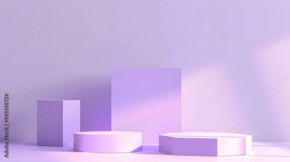 3D Rendered Minimal Purple Background with Three Podiums, Geometric Shapes, and Soft Light Shadow Effects, Pastel Color Palette, High-Resolution 3D Rendered Minimal Purple Background with Three Podiums, Geometric Shapes, and Soft Light Shadow Effects, Pastel Color Palette, High-Resolution