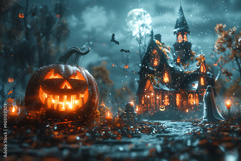 Fototapeta premium A Halloween-themed mockup featuring spooky elements such as jack-o'-lanterns, ghosts, bats, and a haunted house. Perfect for promotional materials, party invitations, or social media posts 