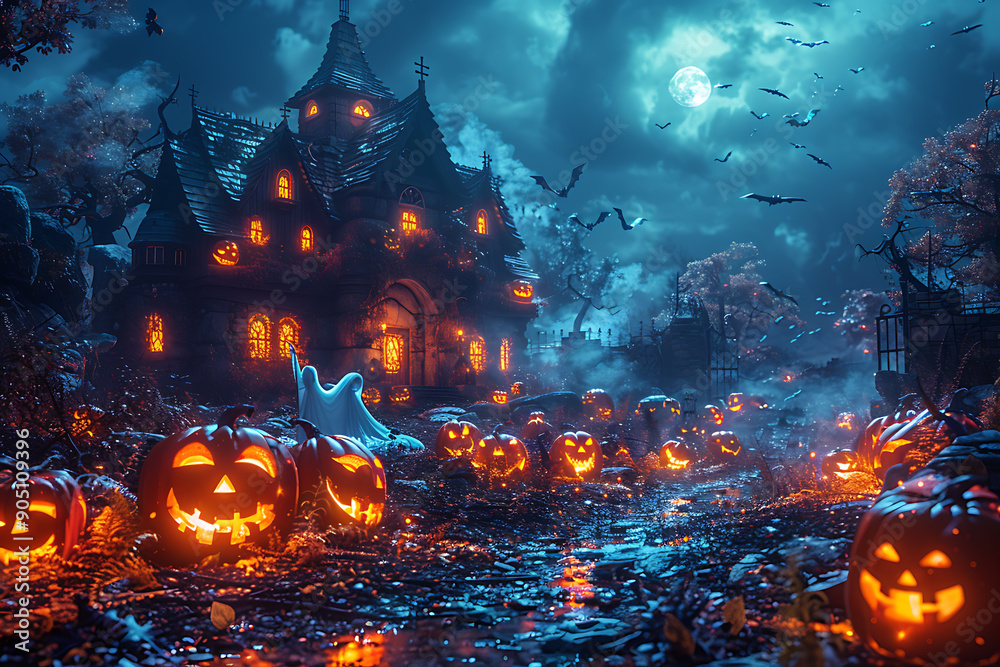 A Halloween-themed mockup featuring spooky elements such as jack-o'-lanterns, ghosts, bats, and a haunted house. Perfect for promotional materials, party invitations, or social media posts 