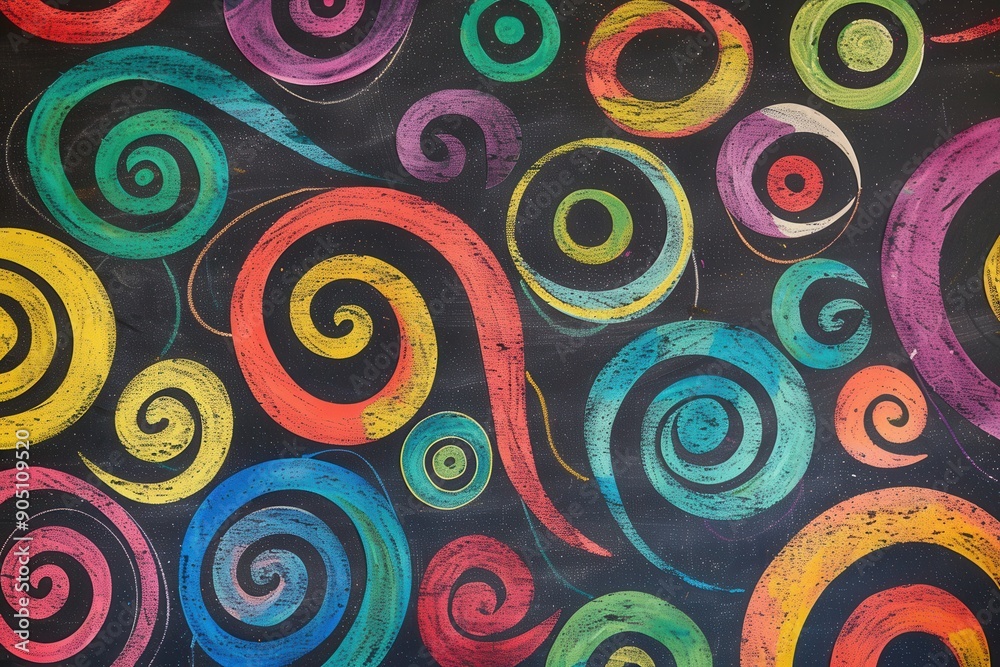 Fototapeta premium Chalkboard filled with vibrant spirals and abstract shapes showcases creativity during an art session, inviting playful exploration and imagination. Generative AI
