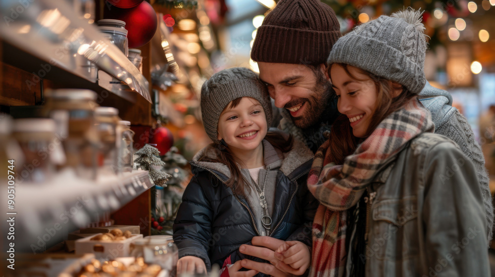 A joyful family of three shopping at a festive Christmas market, enjoying the holiday atmosphere and decorations. A joyful family of three shopping at a festive Christmas market, enjoying the holiday atmosphere and decorations.