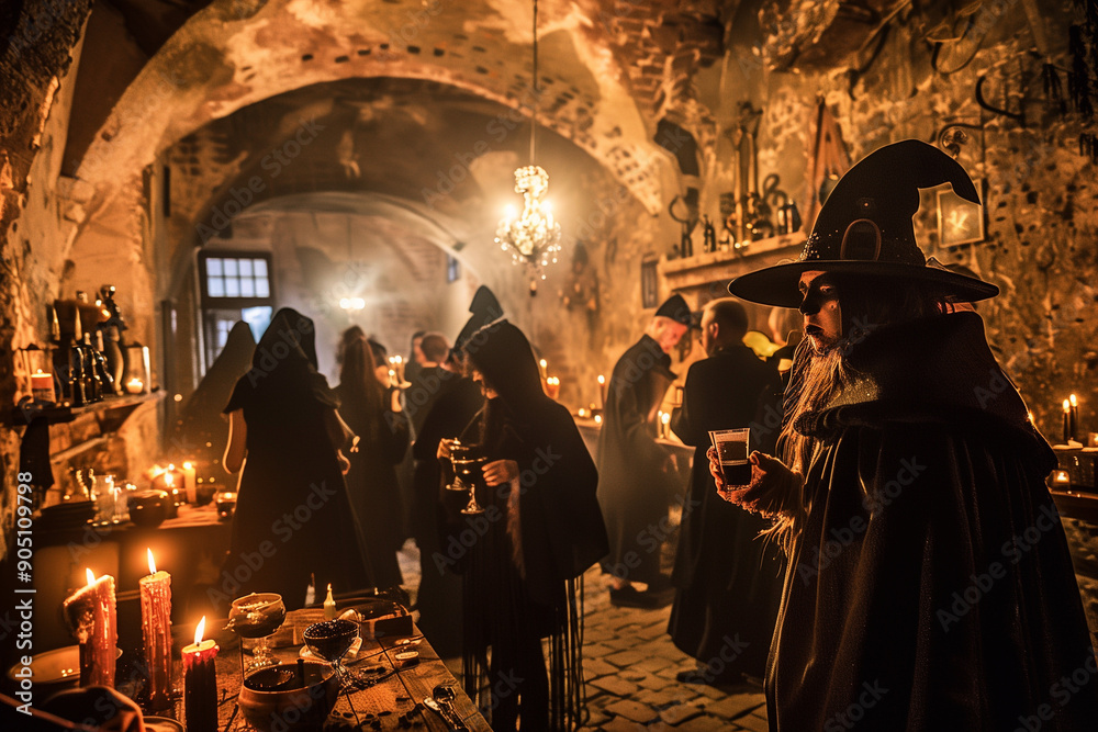 Gothic-themed party in an old castle. Halloween party. Gothic-themed party in an old castle. Halloween party.