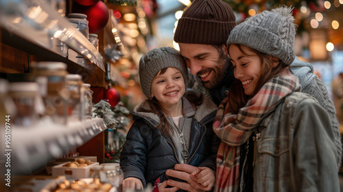 A joyful family of three shopping at a festive Christmas market, enjoying the holiday atmosphere and decorations.