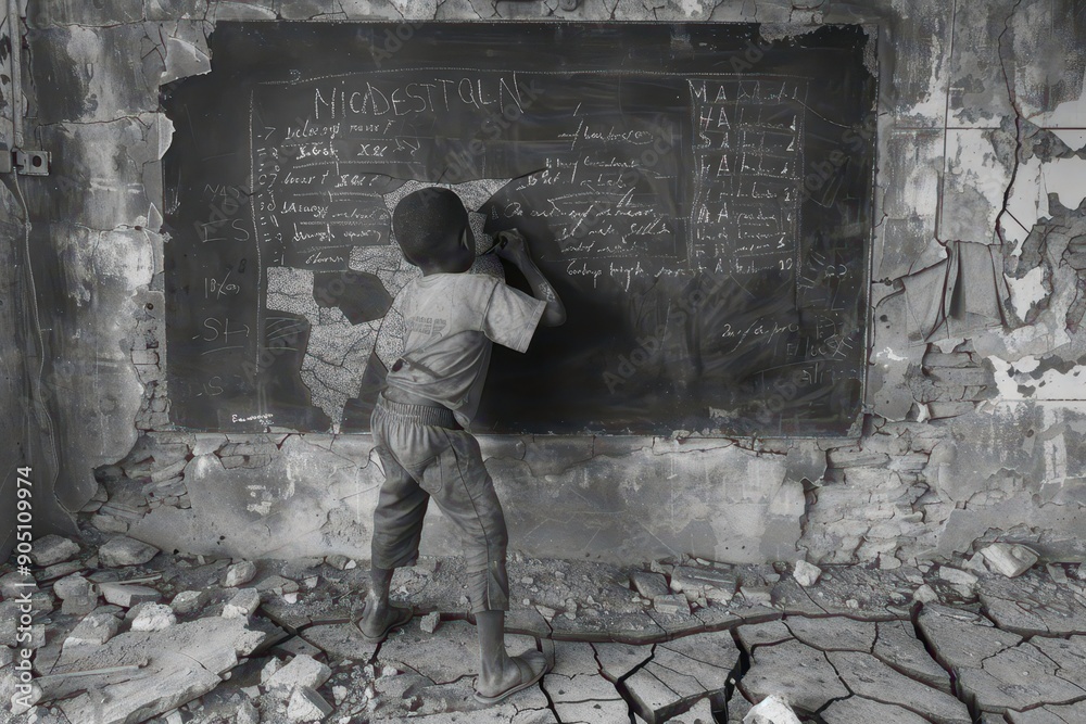 Fototapeta premium A student drawing on a cracked blackboard in an abandoned school, emphasizing creativity, charcoal sketch, monochromatic, high detail