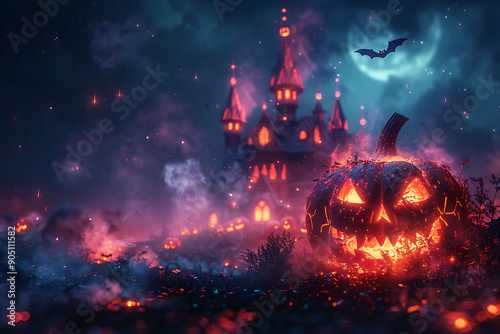 A Halloween-themed mockup featuring spooky elements such as jack-o'-lanterns, ghosts, bats, and a haunted house. Perfect for promotional materials, party invitations, or social media posts.  © Evhen Pylypchuk